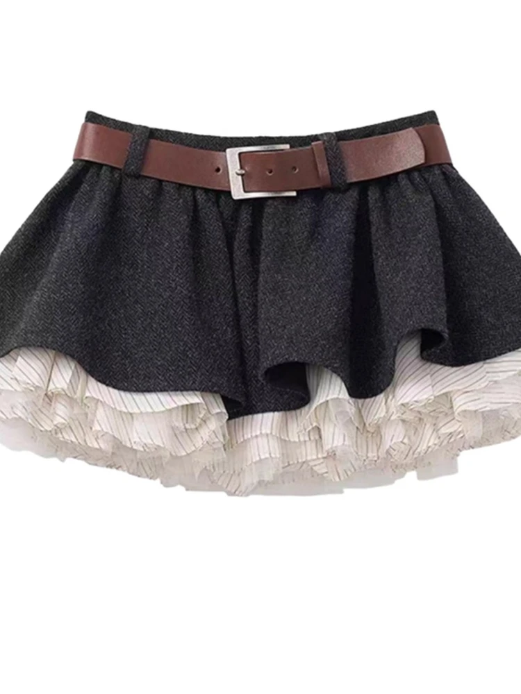 Fashion Sweet Double Layer Skirt Women Dark Grey Wool Belted Mini Striped Pleated Underlayer Trendy Cute Casual Campus Outfit