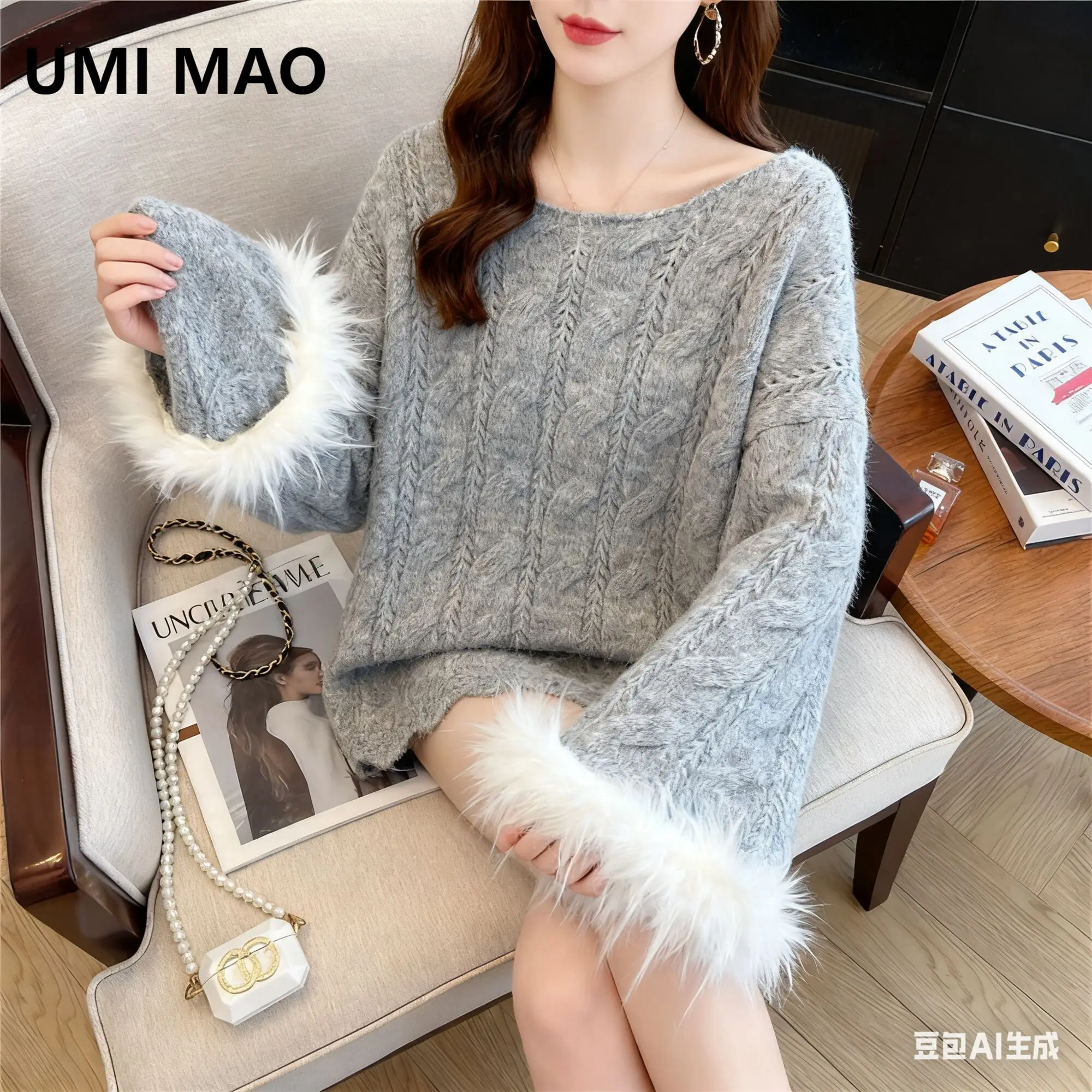 

UMI MAO Soft Fluffy Mohair Pullover Sweater Coat Autumn Winter Women's Clothing Lazy Style Knitted Top With Bell Sleeves Tops