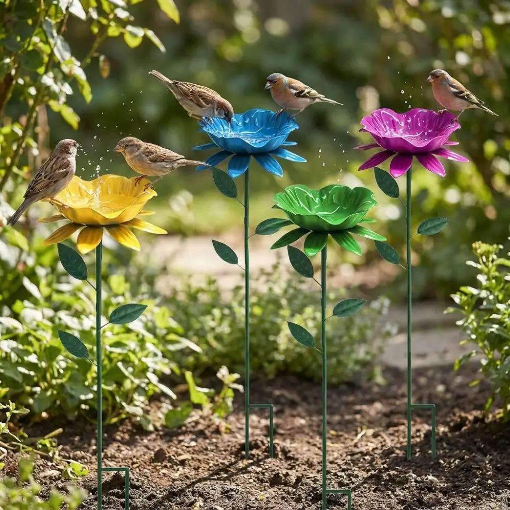 Flower Shape Metal Garden Birdbath Handcrafted Weather Resistant Bee Watering Station Rust Resistant UV Resistant