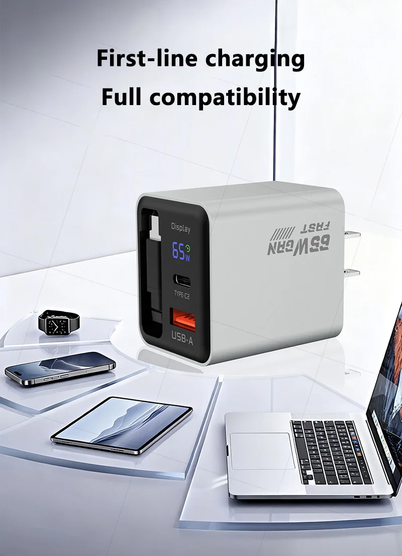 65W Digital-Display-Ladegerät, Multi-Port-Ladeadapter, US- und UK-Stecker, einziehbares Kabel, GaN-Schnellladegerät für Apple-Geräte – Detail 10