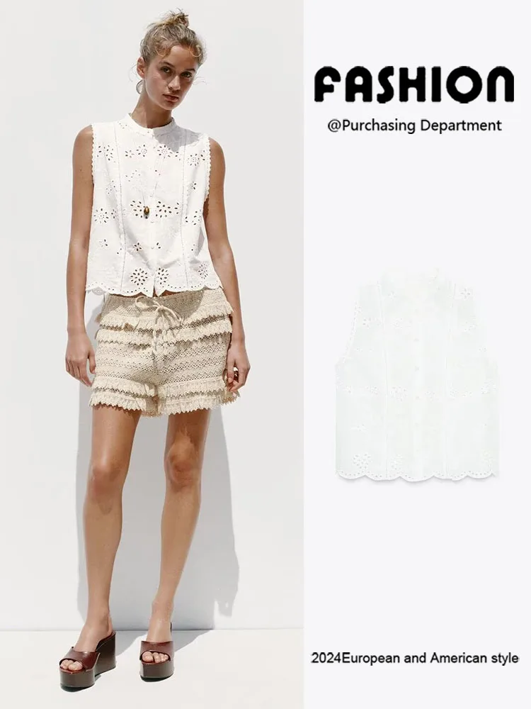 

Comfortable round Neck Sleeveless Embroidered Hollow out Shirt Women's Fashionable Versatile Summer New Arrival Clothing