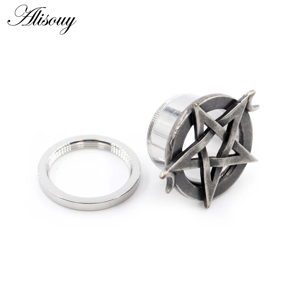Alisouy 2pcs 8mm-25mm Punk Stainless Steel Star Moon Unscrew Ear Tunnels Plugs Expander Stretcher Gauges Body Piercing Jewelry
