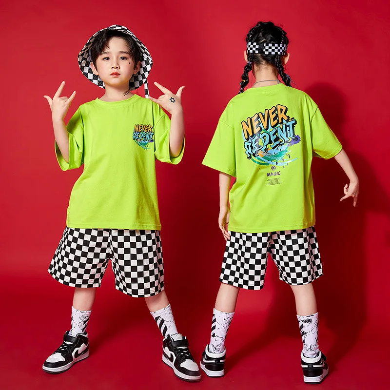 

Children's Costume Hip Hop Girl Model Catwalk Fashion Clothing Foreign Gas Fluorescent Green Short-sleeved Street Dance Dress