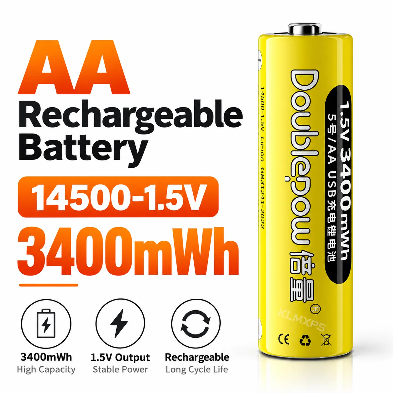 1.5V AA Rechargeable Battery 14500 USB Type C Lithium Battery 3400mWh High Capacity for Flashlight Toys Remote Control