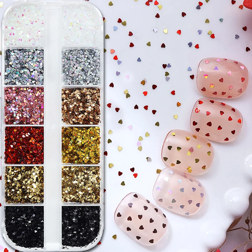

12 сеток лазерное красное сердце для ногтей DIY блестки цвета: золото, серебро, голографическая любовь, хлопья для ногтей на день Святого Валентина, подвески Y2K, декор для маникюра со звездами