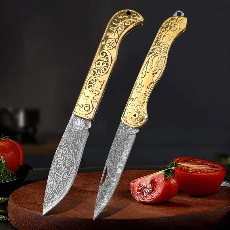 Damascus Steel Knife, Pocket Knife for Fruit, Multipurpose Knife for Meat, Barbecue Knife, Fully Copper Handle, Kitchen Tools