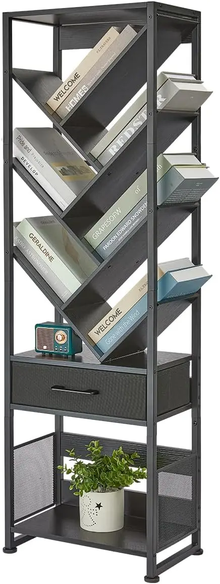 

Книжный шкаф с выдвижным ящиком, 10-ярусный напольный книжный стеллаж в ретро-стиле, высокие деревянные книжные полки с...