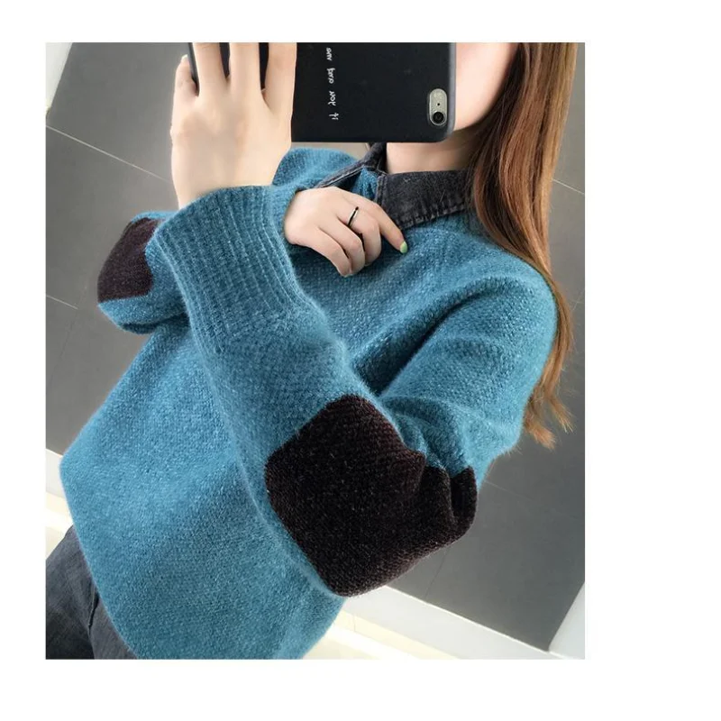 Shenir suéter feminino solto overwear camada base pulôver camisa gola falsa duas peças top