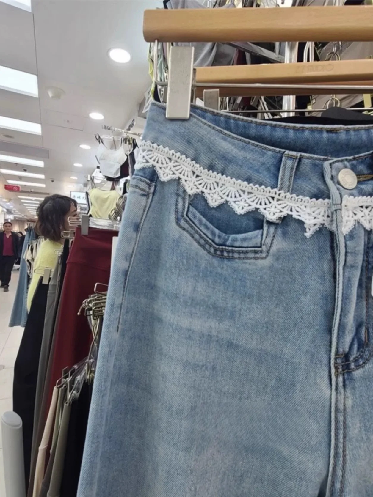 Pantalones vaqueros acampanados de encaje azul claro para mujer, pantalones vaqueros de pierna ancha holgados de cintura alta elegantes, pantalones casuales de primavera para mujer