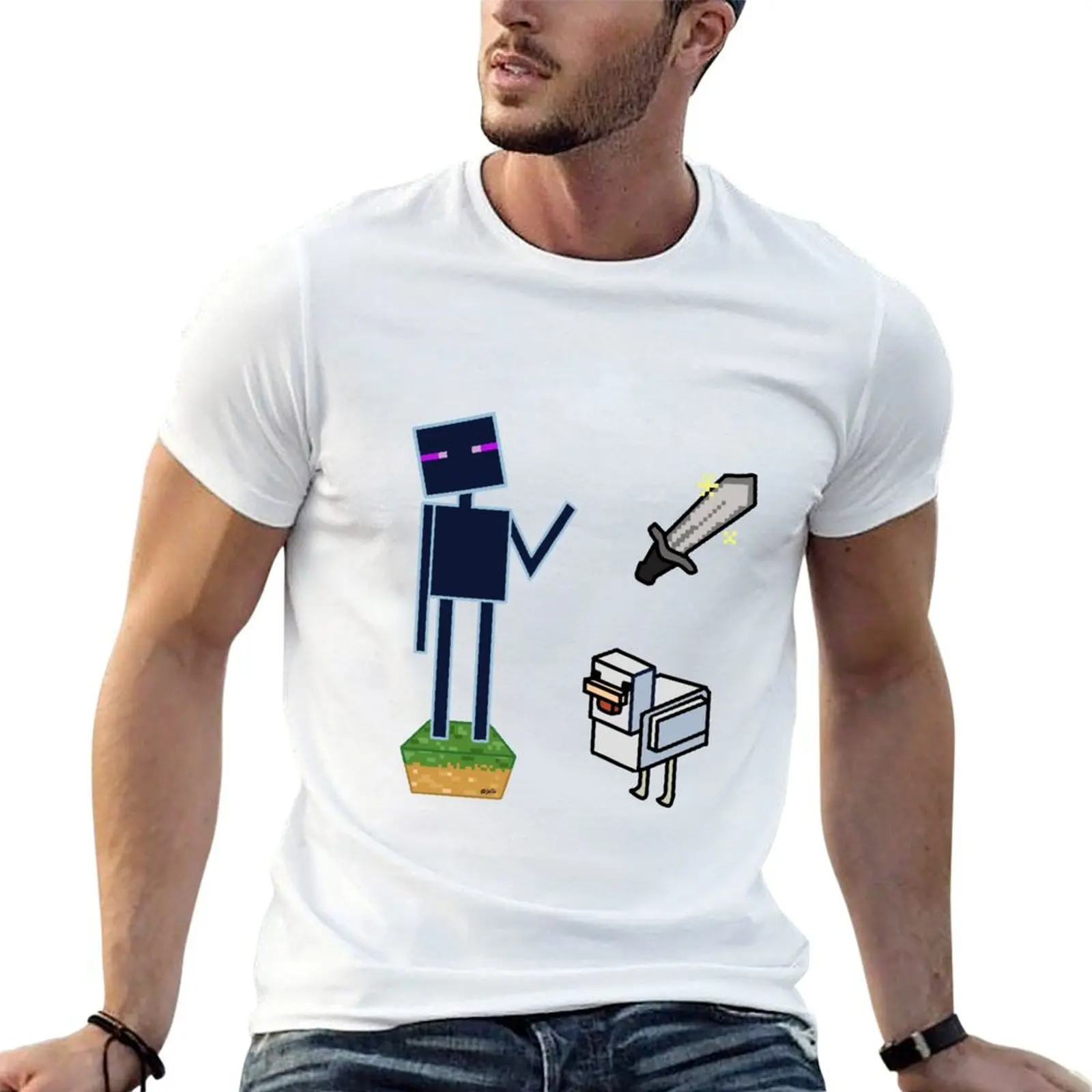 Enderman, Sword, Chicken Design Sheet T-Shirt korean fashion topping mens t shirt graphic