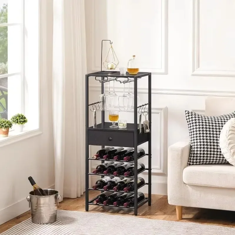 

Bottle Wine Storage Rack with Non-Woven Fabric Drawer and Hooks, Wine Rack Table, Bar Cabinet for Kitchen