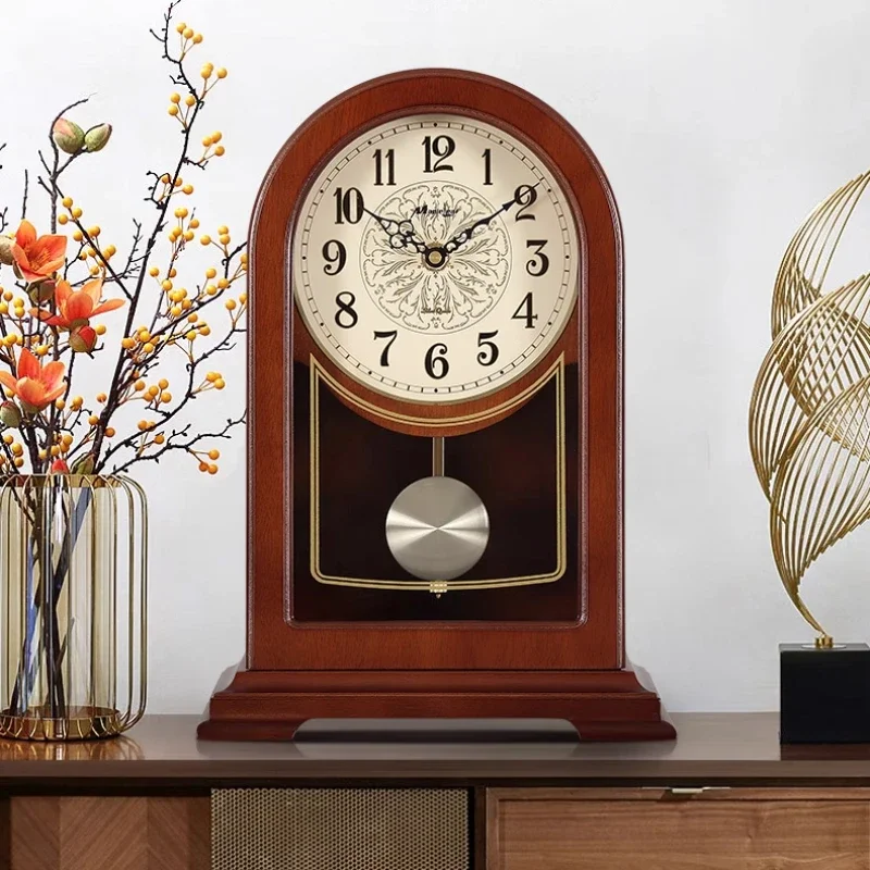 Retro Desk Clock Walnut Color Mechanical Desktop Watches Wooden Living Room Pendulum Clock Accurate Timekeeping Home Decoration