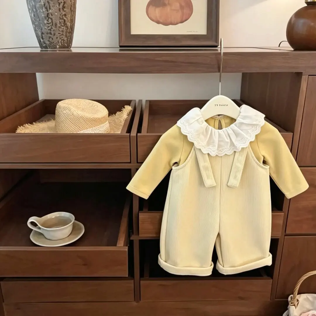 2026 Winter Autumn Girl Cute Doll Collar Yellow Thick Top Corduroy Straps Two Piece Set for Autumn Dressing