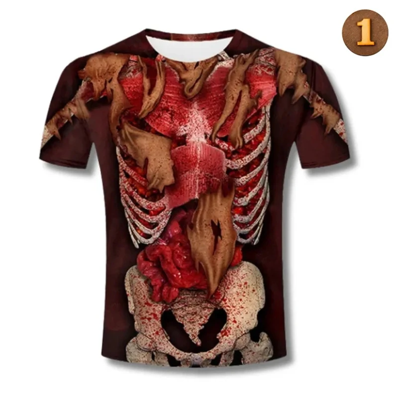 Halloween Theme Mens Horror Graphic T‑Shirt 3D Skeleton Human Body Print Short Sleeve O‑Neck Tee Halloween Cosplay Costume Tops