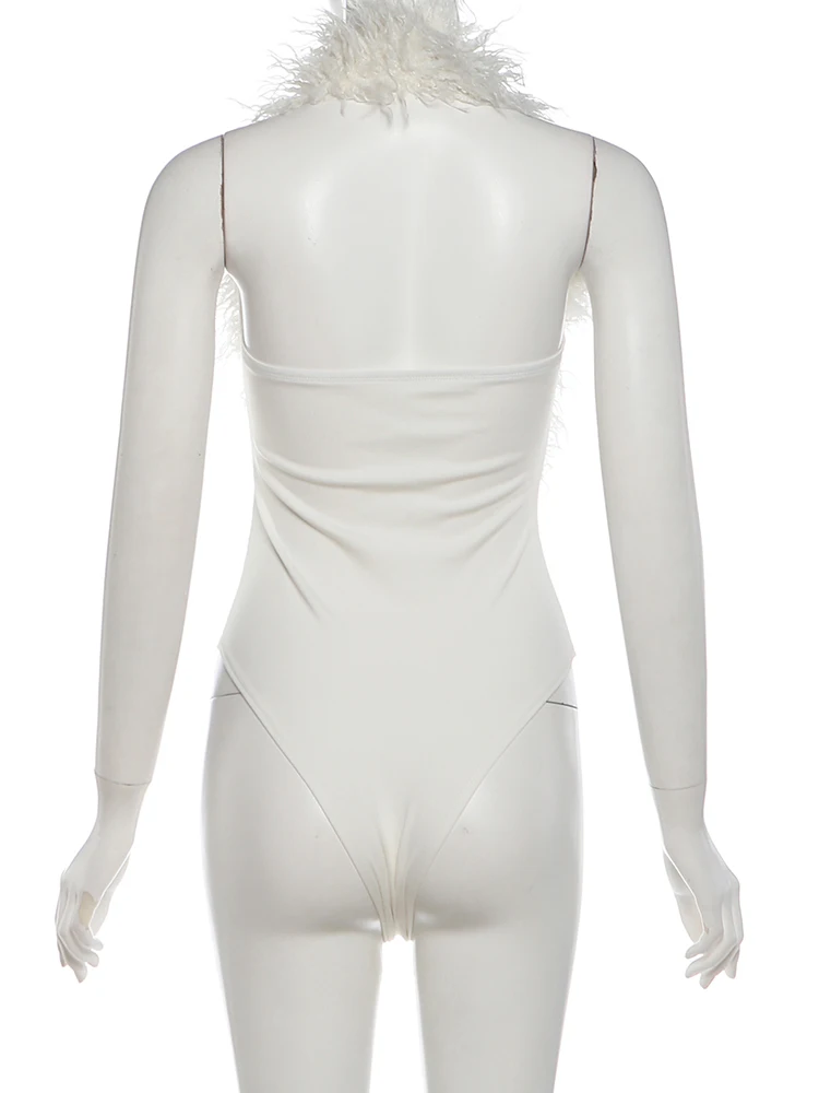 Weird Puss Bodysuit mit Kunstpelzkragen für Damen, tiefem V-Ausschnitt, Neckholder, rückenfrei, ärmellos, figurbetont, sexy, Hottie, Midnight High Street Outfit – Detail 5
