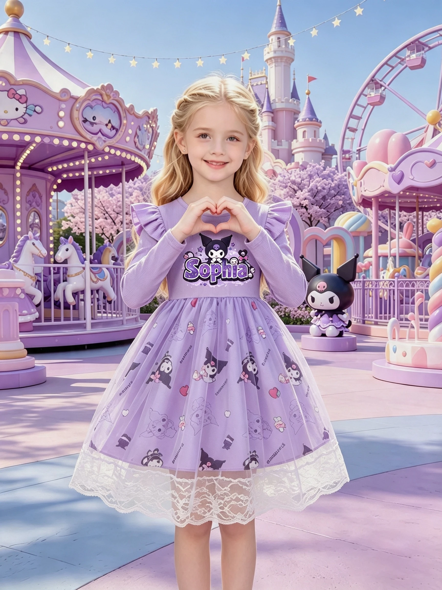 Girls' Kuromi Cartoon Long Sleeve Tulle Princess Dress, Light Purple Flutter Sleeve Lace Ruffle Puffy Skirt, Kids Spring Autumn