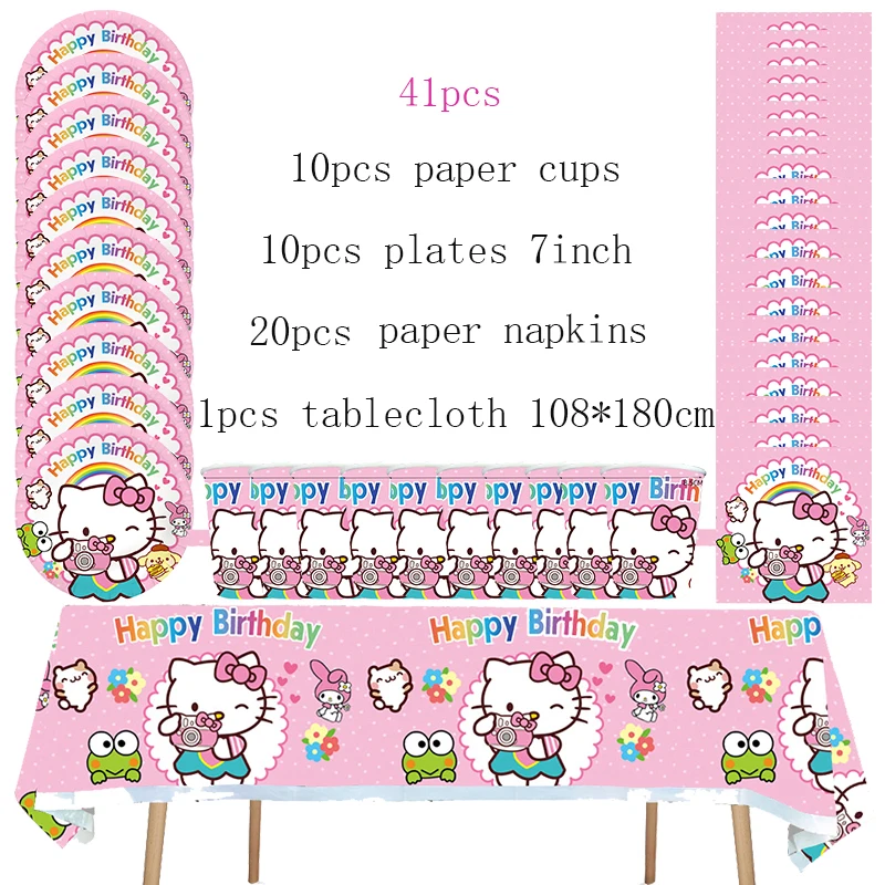 Hello kitty Birthday Party Decoration Tableware Supplies Hello kitty Melody Foil Balloon Backdrop Banner Cake Topper Baby Shower