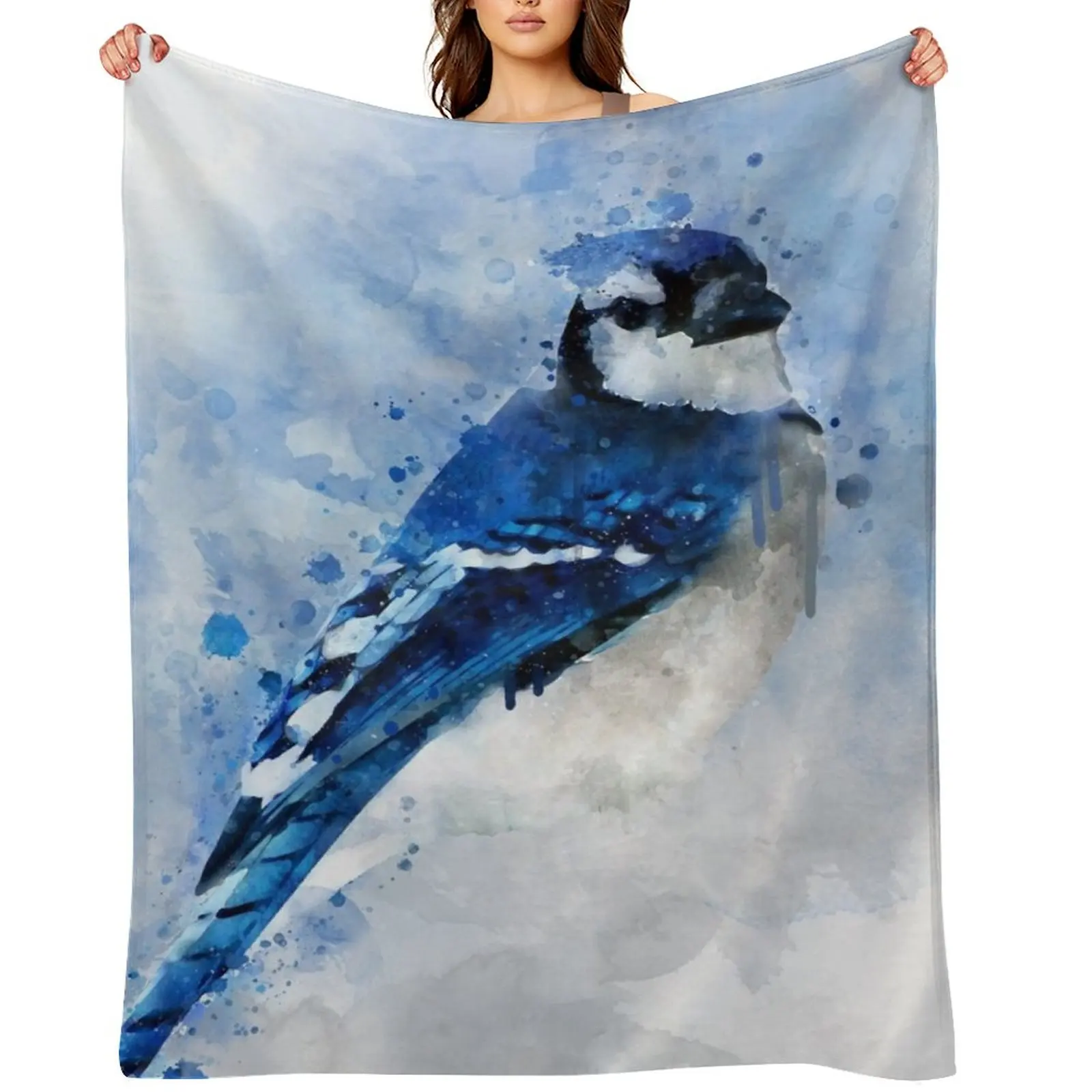 

Dramabite Watercolour blue jay bird artistic artsy animal painting Throw Blanket Tourist Hairy Picnic Blankets