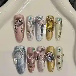 10pcs Aurora Colorful Handmade False Nails Shimmery Diamond Crystal Butterfly Moon Pearl Press On Nails Sweet Korean Fake Nail