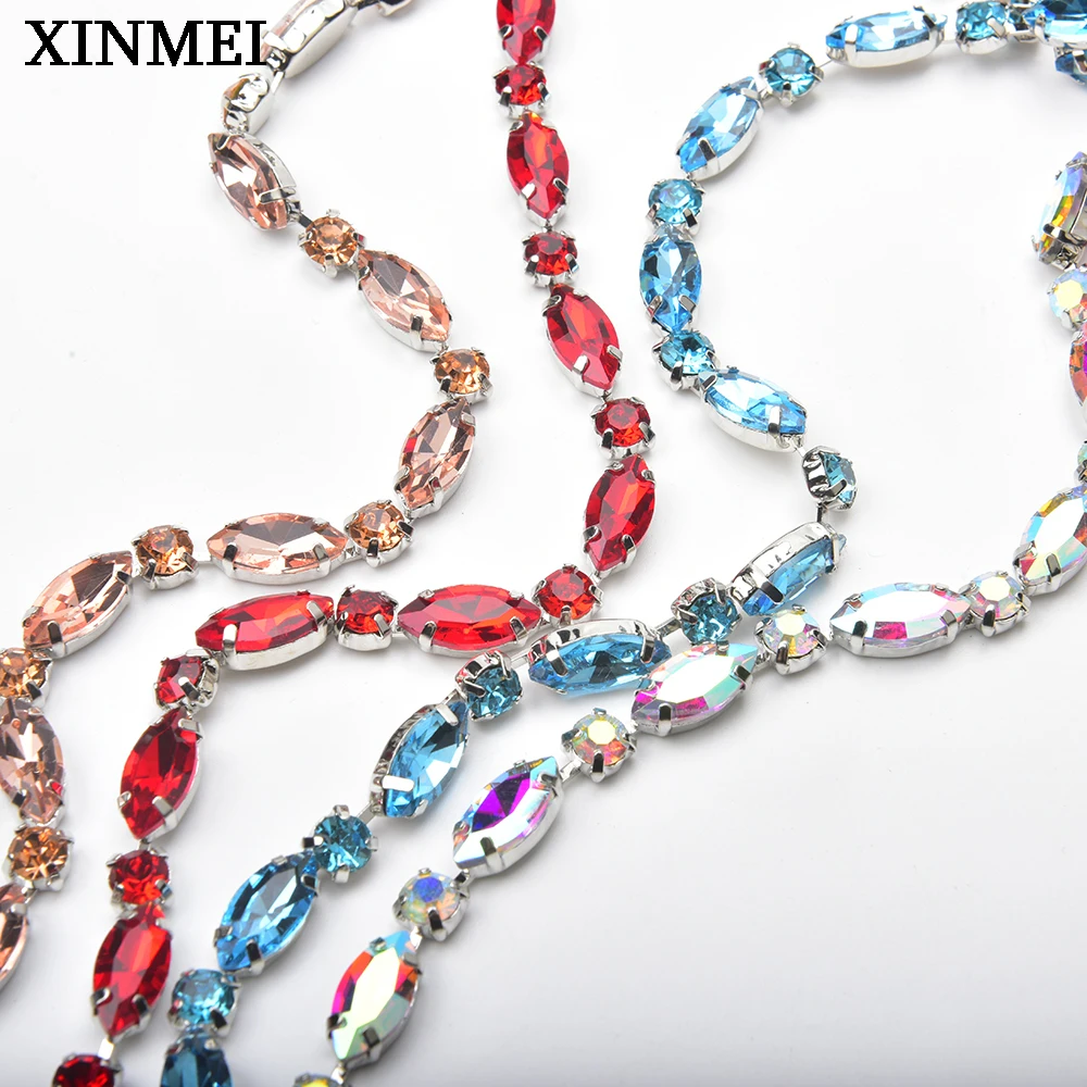 1 Meter Horse Eye Rhinestone Trim Bling Colorful Leaf Crystal Chain Applique Sew on Collar Wedding Dress Shoes Accessories