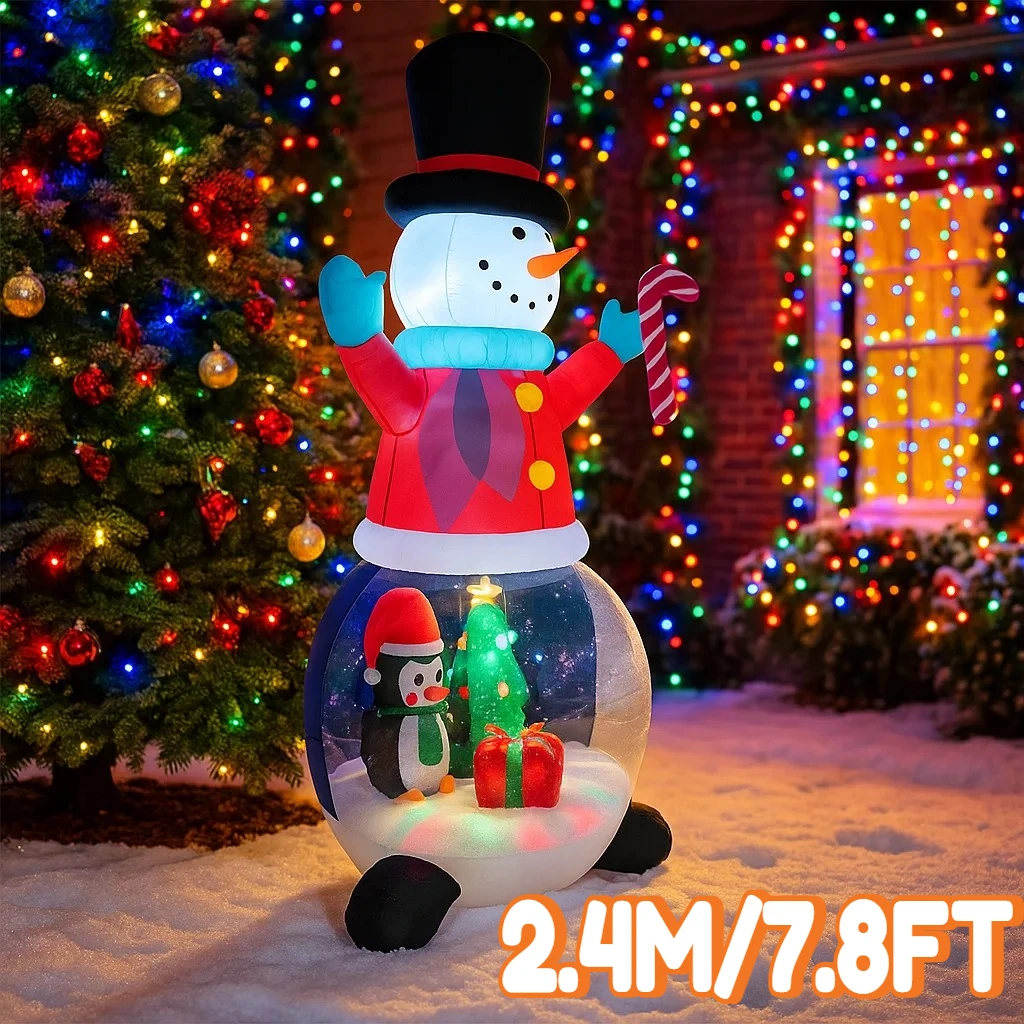 2.4M/7.8FT Inflatable Snowman with Penguin and Christmas Tree Lights LED Home Holiday Lighting Decor Yard Xmas Decor Supplies