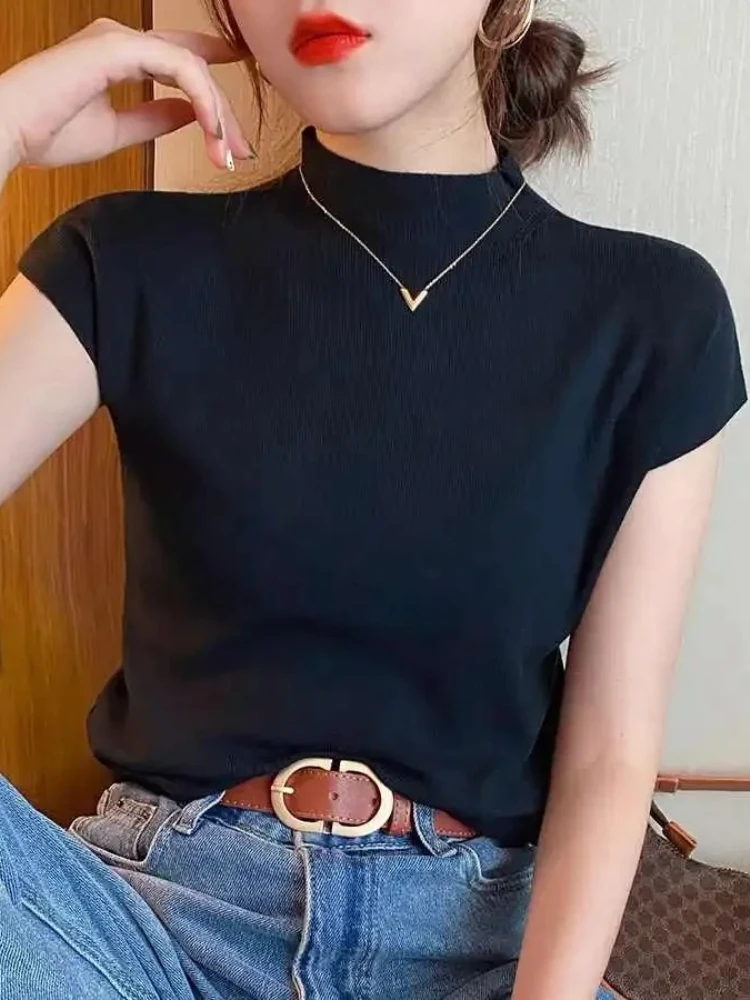 Fashion Women T Shirt Street Casual Knitted T-Shirt Crew Neck Solid Top Tees Sexy Slim Summer Short Sleeve Women's Clothing