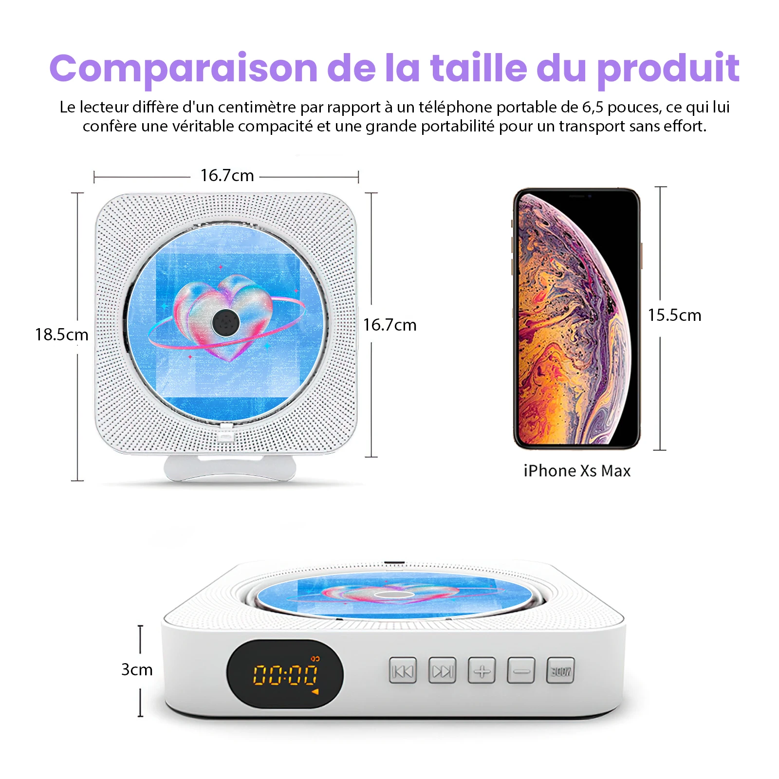 Weiß Multifunktional CD-Player Bluetooth 5.0 Wandmontage, FM Radio, LED Display, Lautsprecher integriert, USB TF Karten Leser Tisch- und Wandgerät – Detail 3