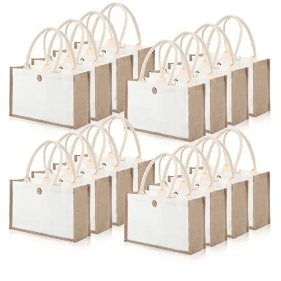

16 PCS Jute Tote Bags Bulk - Reusable Blank Burlap and White Canvas Tote with Handles for DIY, Bridesmaid Gift, Travel, Beach,
