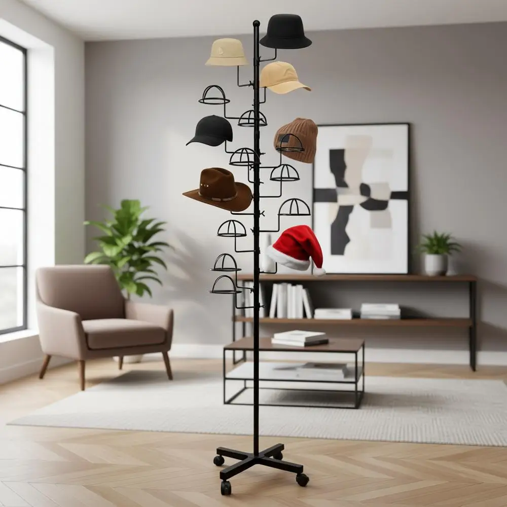 

Напольная металлическая вешалка для шляп с 15 регулируемыми крючками, черный органайзер-дисплей для головных уборов