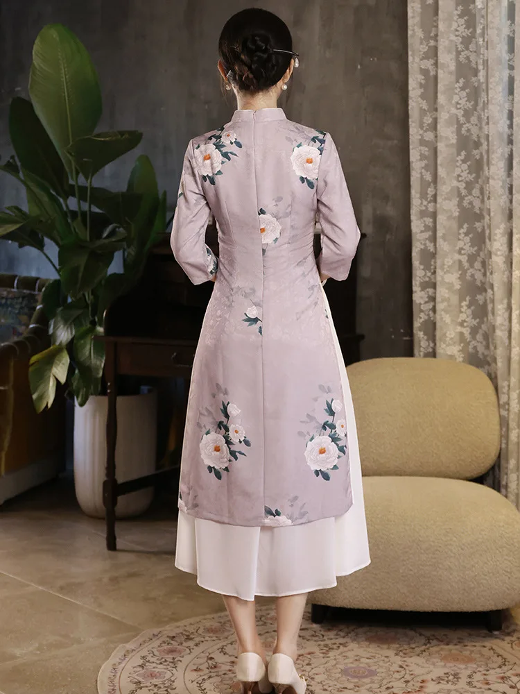 Summer Seven Points Sleeve Printed Satin Chinese Aodai Cheongsam Traditional Women Qipao Hanfu Daily Dresses