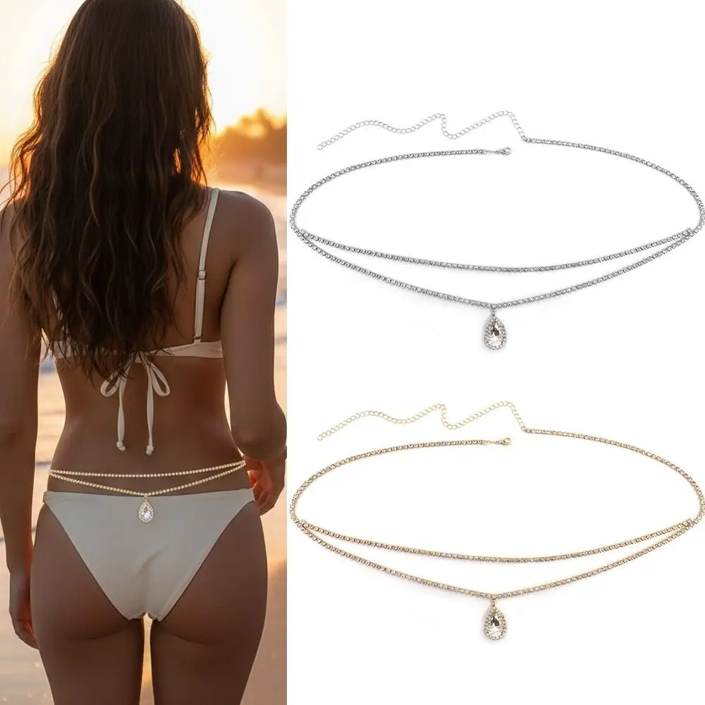 Fashion Trendy Design Rhinestone Double Chain Y2K Luxury Water Drop Waist Chains Body Jewelry for Women Body Decoration
