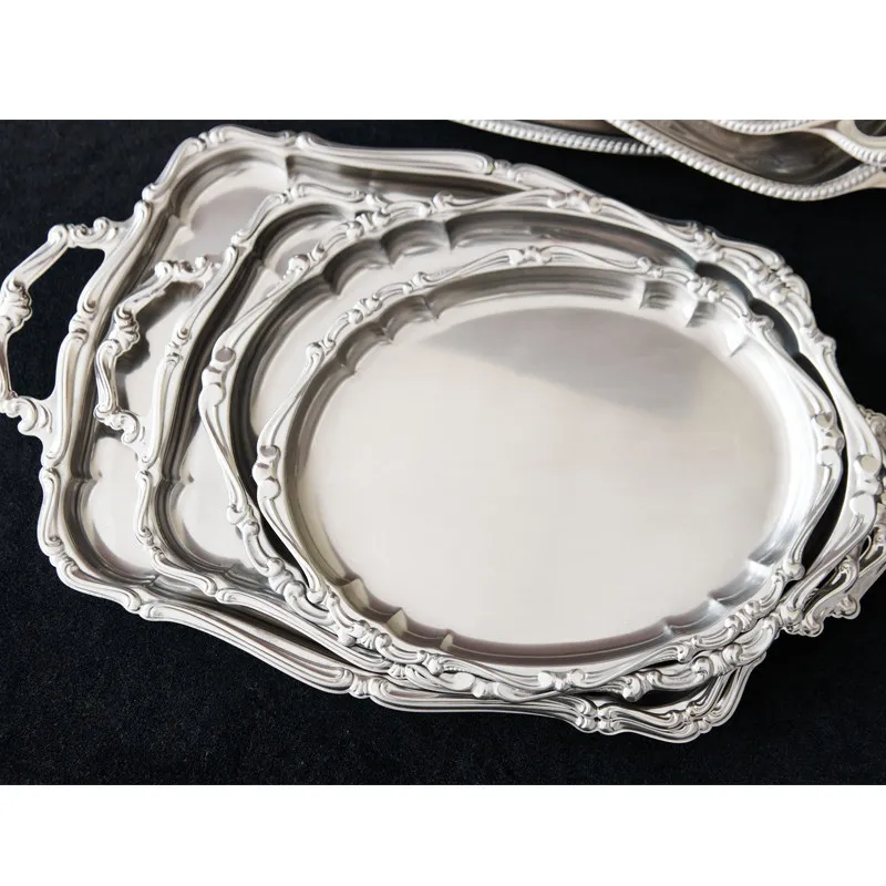 High-end luxury baroque silver stainless steel binaural tray, oval fruit plate dessert plate