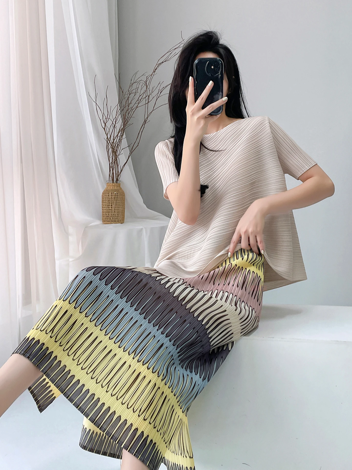

Summer Faion Set Women's Printed Pleated ort Sve Top High Waist Skirt Two-Piece Lightweight Breathable Casual Date Outfit