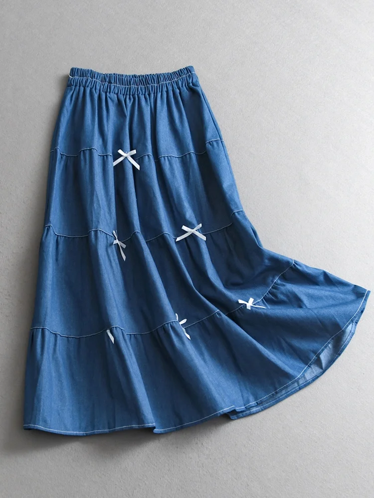

Slimming A-Line Skirt with Big Flounce Elastic Waist Knot Design Mid-Length Cowboy Half Skirt Sweet Style Cotton Ma...