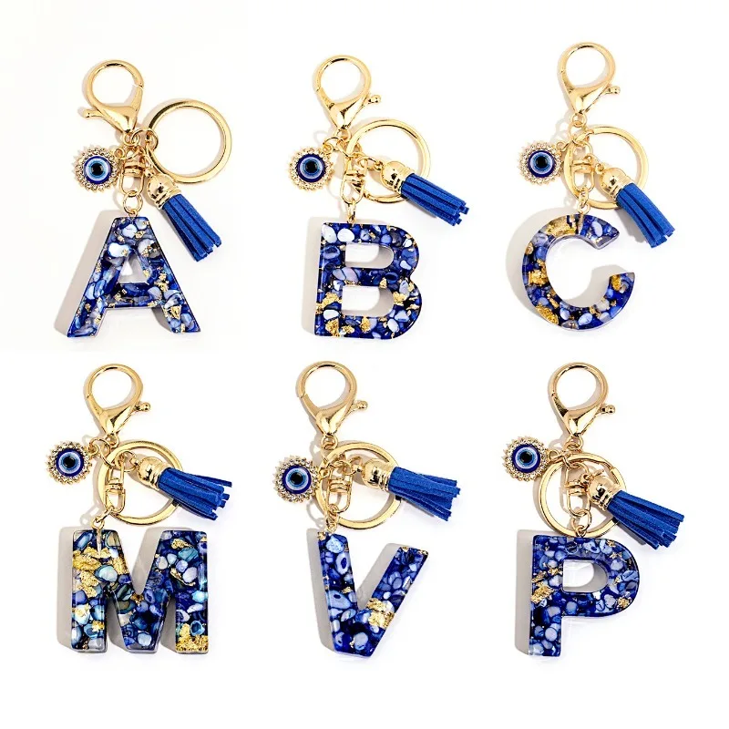 Blue Resin Initial Keychain Evil Eye Letter Charm Rhinestone Tassel Personalized Jewelry Gift for Women Stylish Present