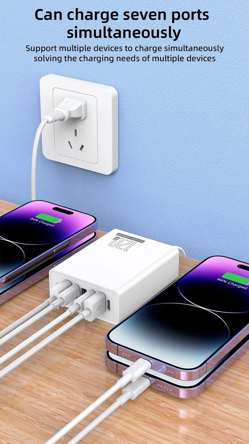 120W Ladeadapter 7 Anschlüsse 3USB+4PD Schnellladegerät 5V4A US/EU/UK Standard-Ladegerät für Mobiltelefone 2026 – Detail 7