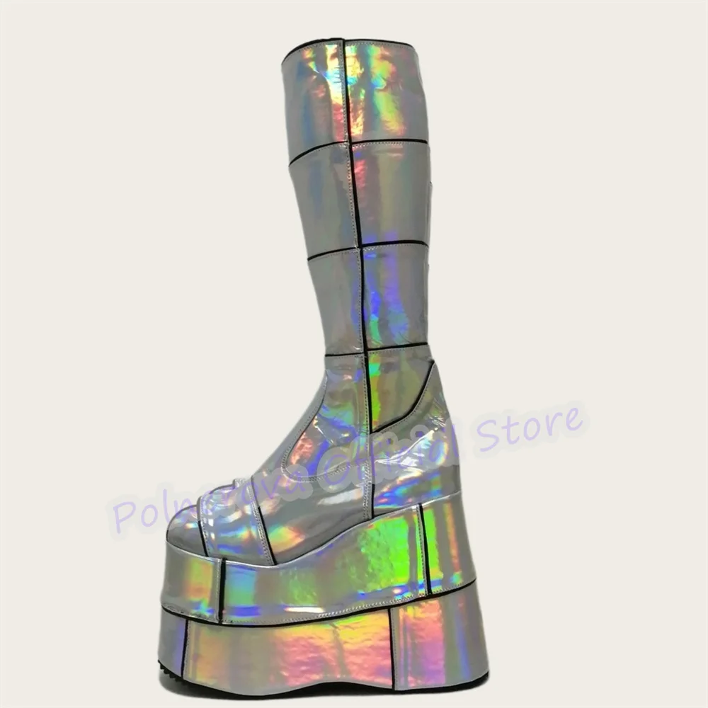 Rainbow Leather Splicing Women Knee High Boots Punk Chunky Bottom Heigh Increasing Lolita Cosplay Shoes Y2k Lady Long Boots
