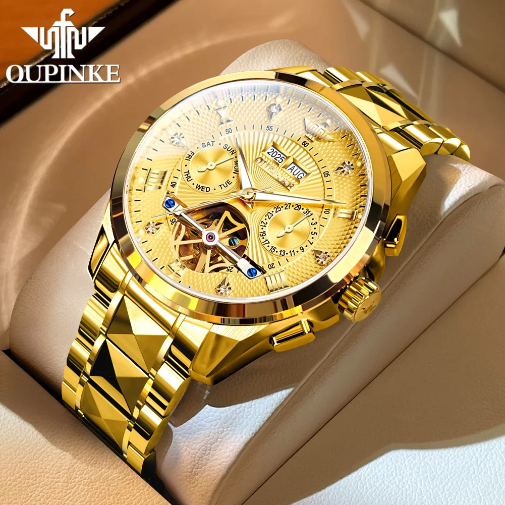 ساعة يد ميكانيكية أوتوماتيكية للرجال من OUPINKE مقاومة للماء ساعات رجالية فاخرة مضيئة من الفولاذ التنغستن 3265