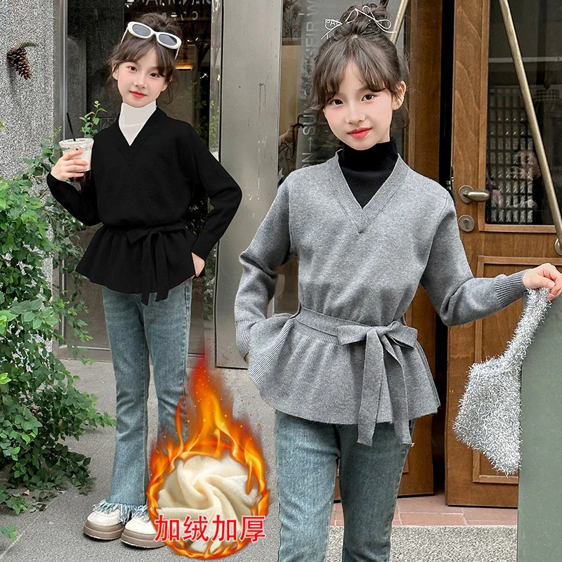 

Autumn Winter Fake 2pcs Thicken Baby Girl Sweater Slim Bow Knot Toddler Kid Girl Kniwear Plush Loose v Neck Collar TR329