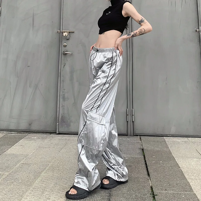 Y2k Women Drawstring Jogger Pants Casual Low Waist Side Stripe Patchwork Sweatpants Male Fashion Wide Leg Cargo Pants Streetwear