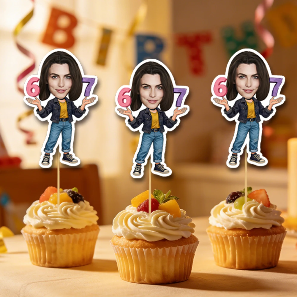 6/12 Stück personalisierte Geburtstags-Foto-Cupcake-Topper mit individuellem Gesichtsfoto für Meilenstein-Gedenkfeiern, Party-Kuchendekoration