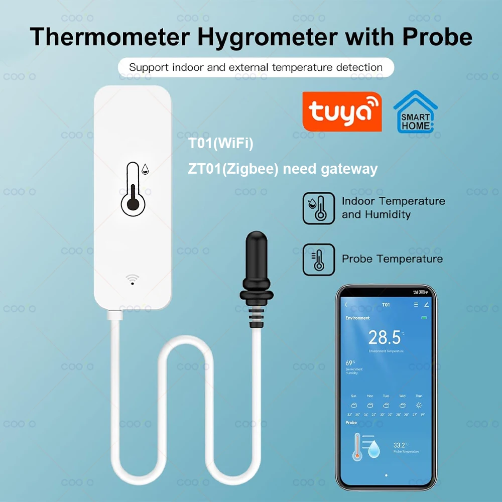 Tuya WiFi/ ZigbeeTemperature Humidity Sensor with External Probe for Smart Life App Alexa Google Assistant for Freezer Fish Tank