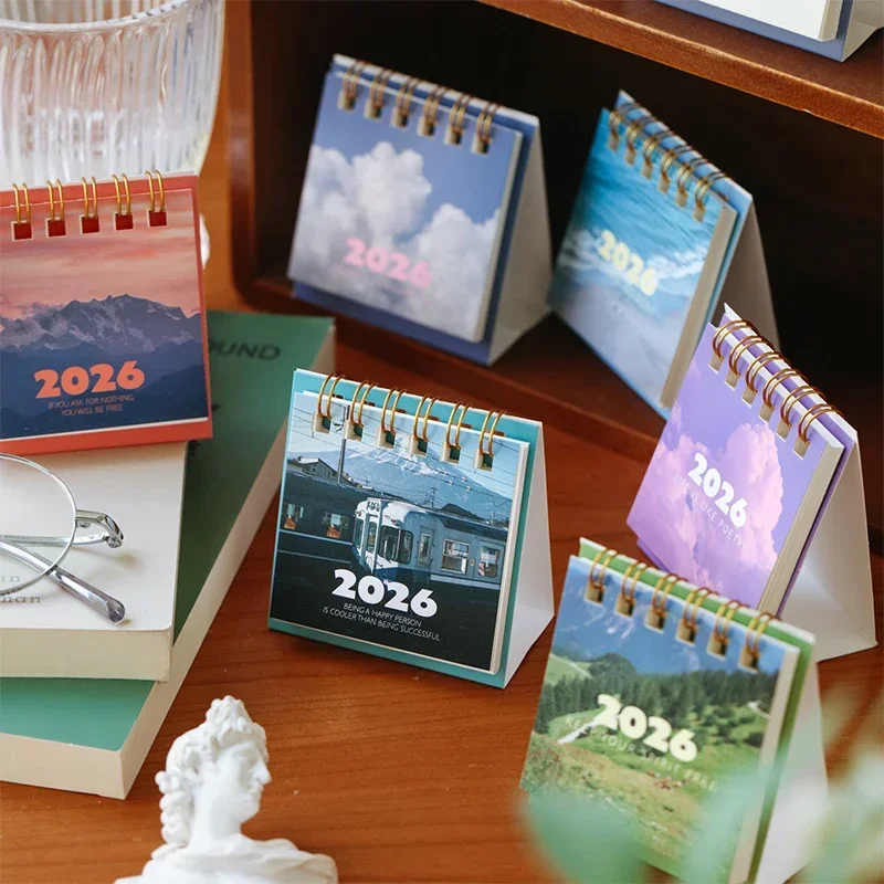 2026 paisagem mini calendário de mesa bobina criativa calendário planejador ornamento de mesa decoração escritório papelaria