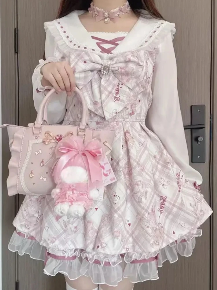 فستان صيفي نسائي حلو لطيف ونحيف كاواي أنيق مطبوع بفيونكة رفيعة وأكمام طويلة تصميم نسائي ملابس جديدة جميلة وجميلة