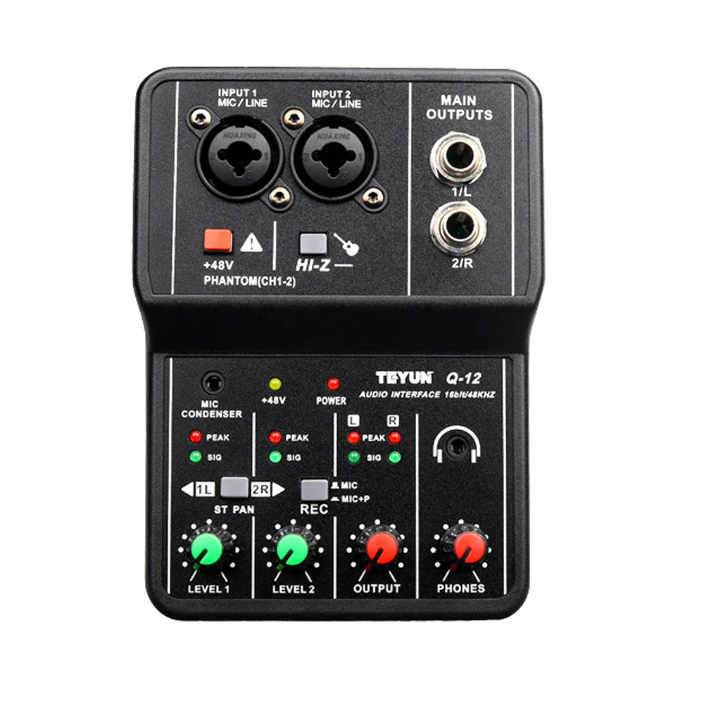 Q-12 Audio Mixer Sound Mixing Console 2 Channels 48V Phantom Power portable Audio Interface sound card for Studio Recording