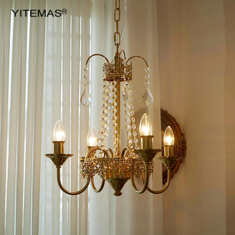 French Crystal Chandelier Hanging Copper Lighting Luxury Pendant Chandeliers In Bedroom Hallway Vintage Staircase Entryway Lamp