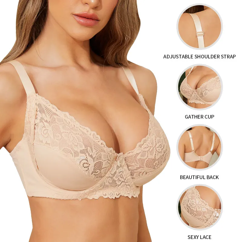 

Women Transparent Lace Bras Female Large Size Push Up Brassiere Ladies Bra With Underwire Lingerie Thin Padded Top Bra D E Cup