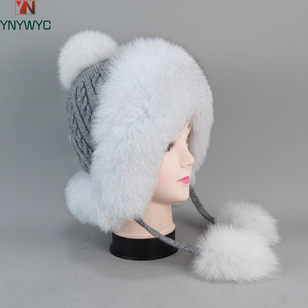 New Winter Elastic 100% Real Raccoon Fur Hat For Women Natural Fox Fur Russian Ushanka Hats Thick Warm Fashion Girls Bomber Cap