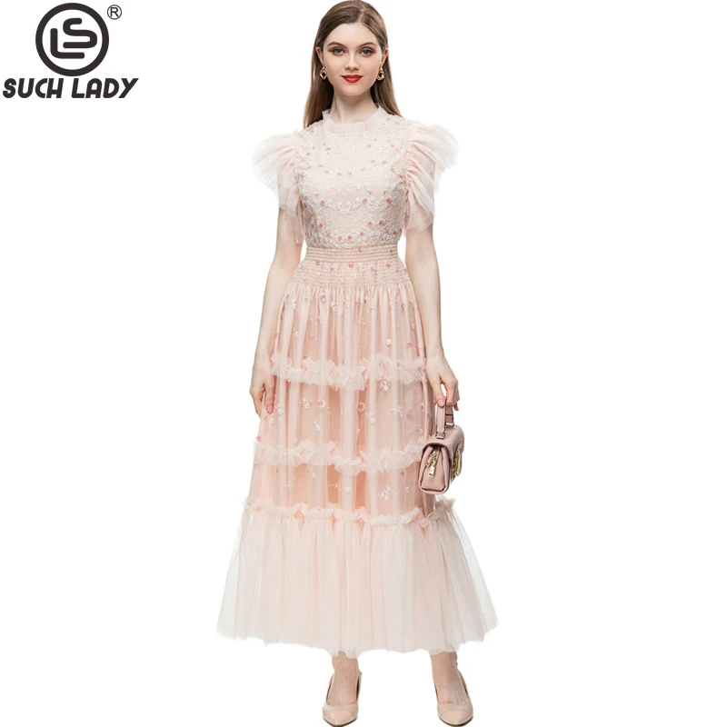 

Women's Runway Dresses O Neck Ruffles Embroidery Layered Fashion Designer Party Prom Gown