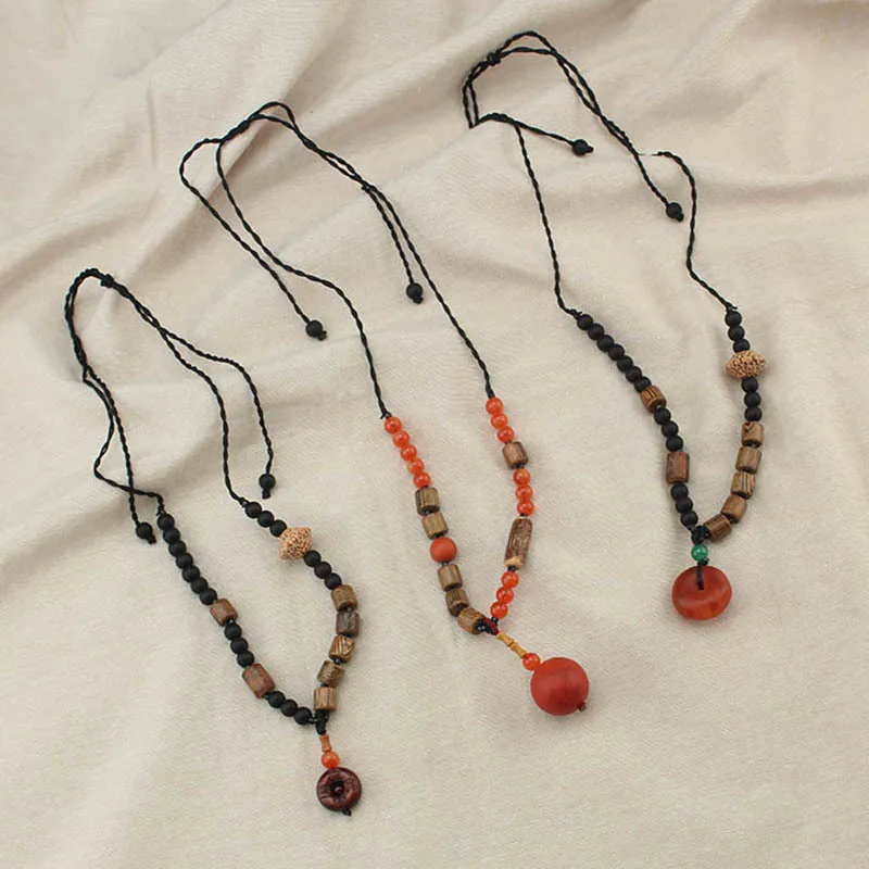 

DIY accessories Retro new Chinese wood woven necklace women's imitation beeswax safety buckle pendant long sweater chain versati